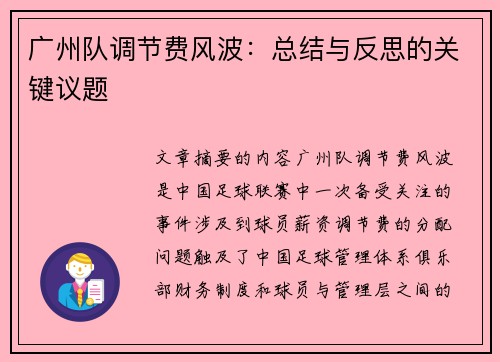 广州队调节费风波：总结与反思的关键议题