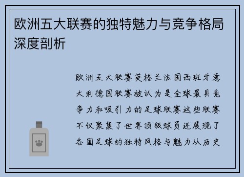 欧洲五大联赛的独特魅力与竞争格局深度剖析